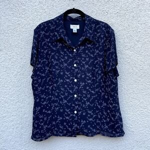 Talbots Vintage 1990s Blue Floral Printed Shirt Blouse Size 16 Petite